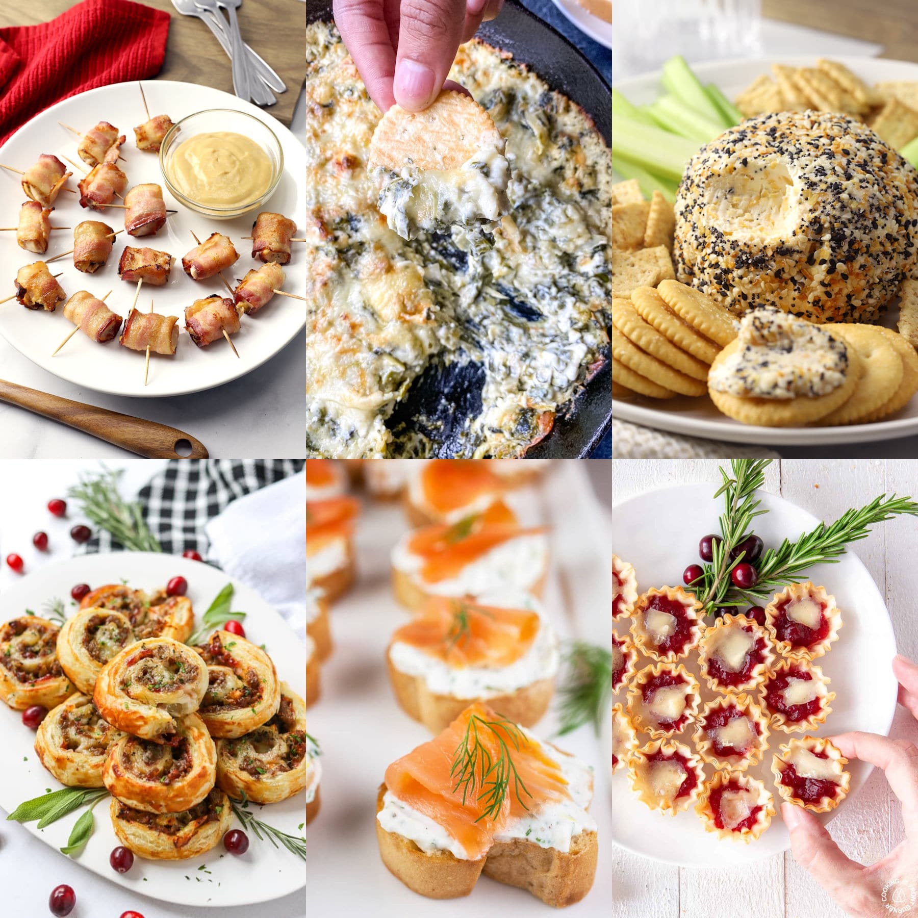 Collage of easy new year's eve appetizer recipes.