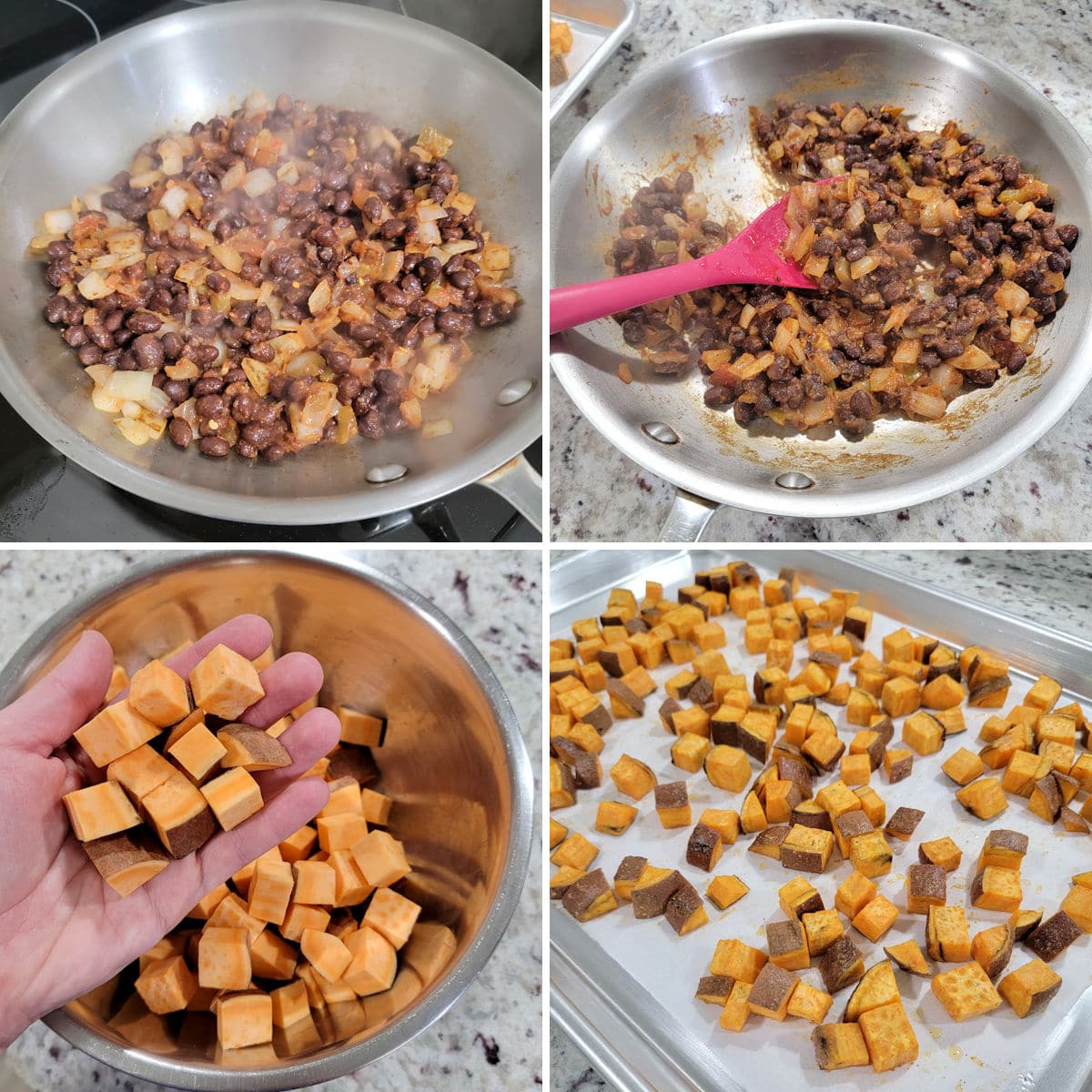 Cooking black beans and sweet potatoes to make tacos.