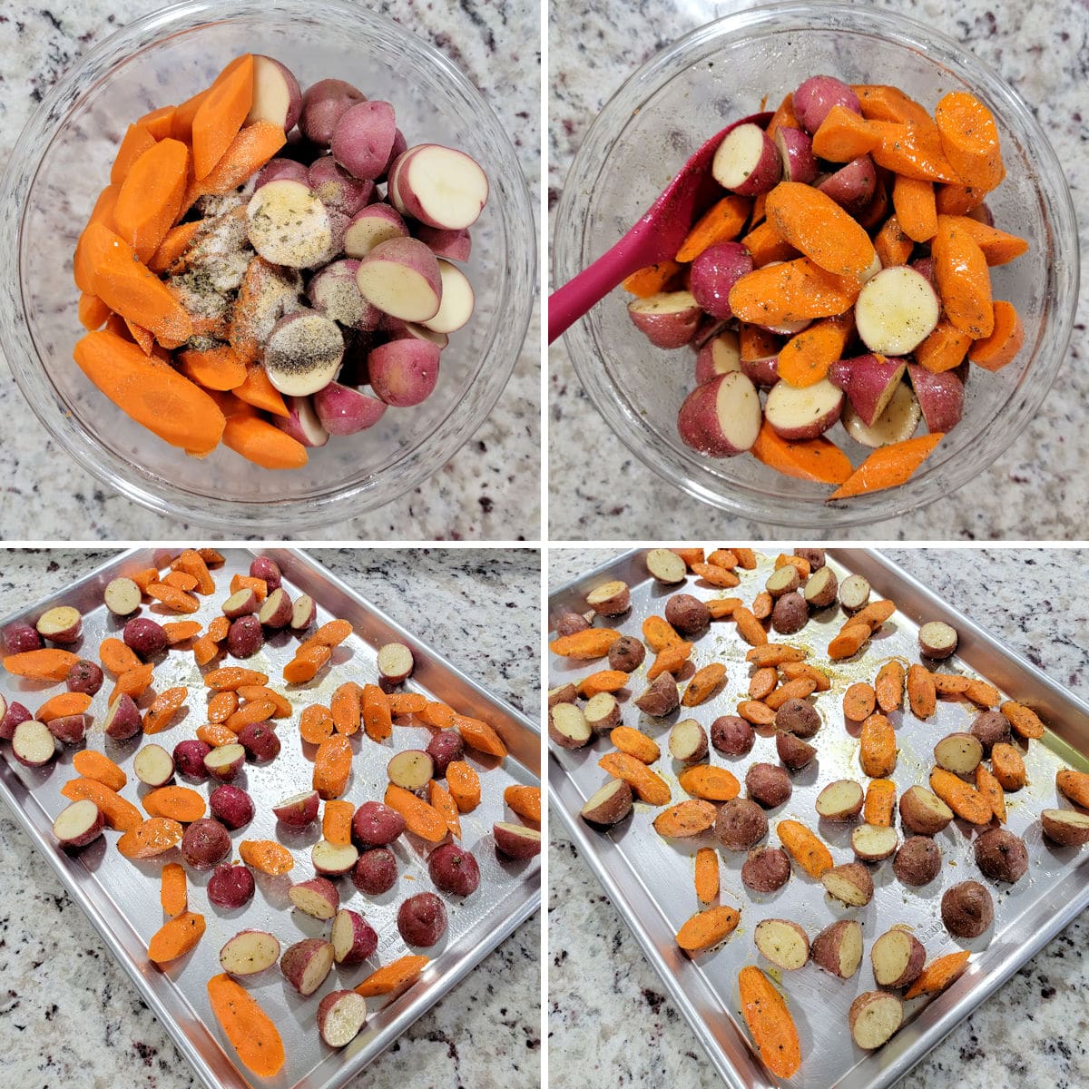 Preparing potatoes and carrots for roasting on a sheet pan.