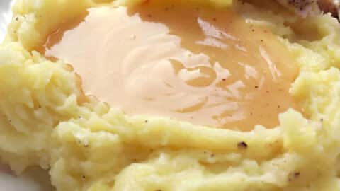 Mashed potatoes with turkey and gravy.