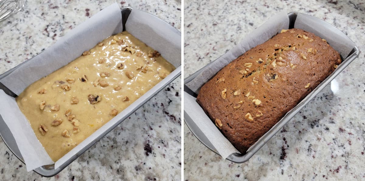 Banana nut bread before and after baking in a loaf pan.