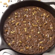 Cast iron pan filled with walnut brownies.