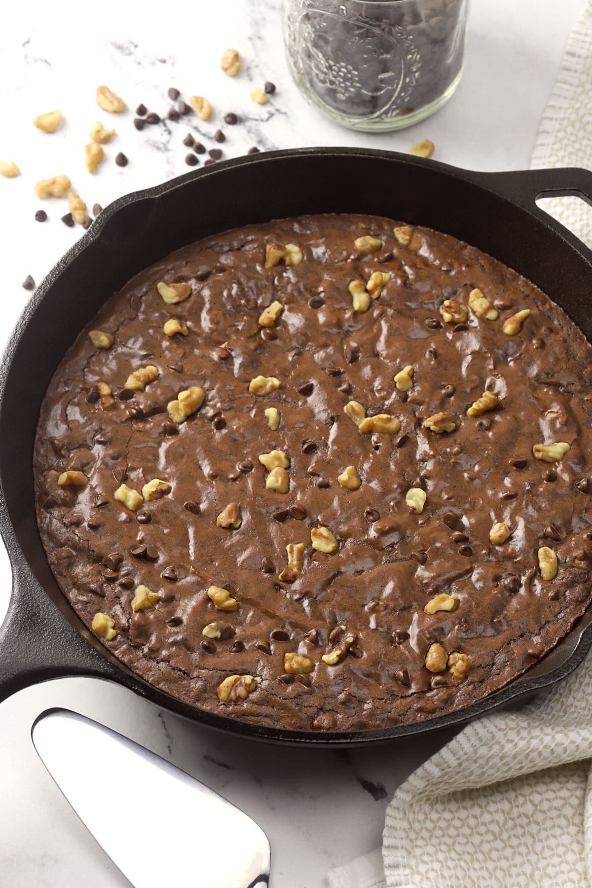 Cast iron pan filled with walnut brownies.