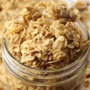 Glass jar filled with coconut granola.