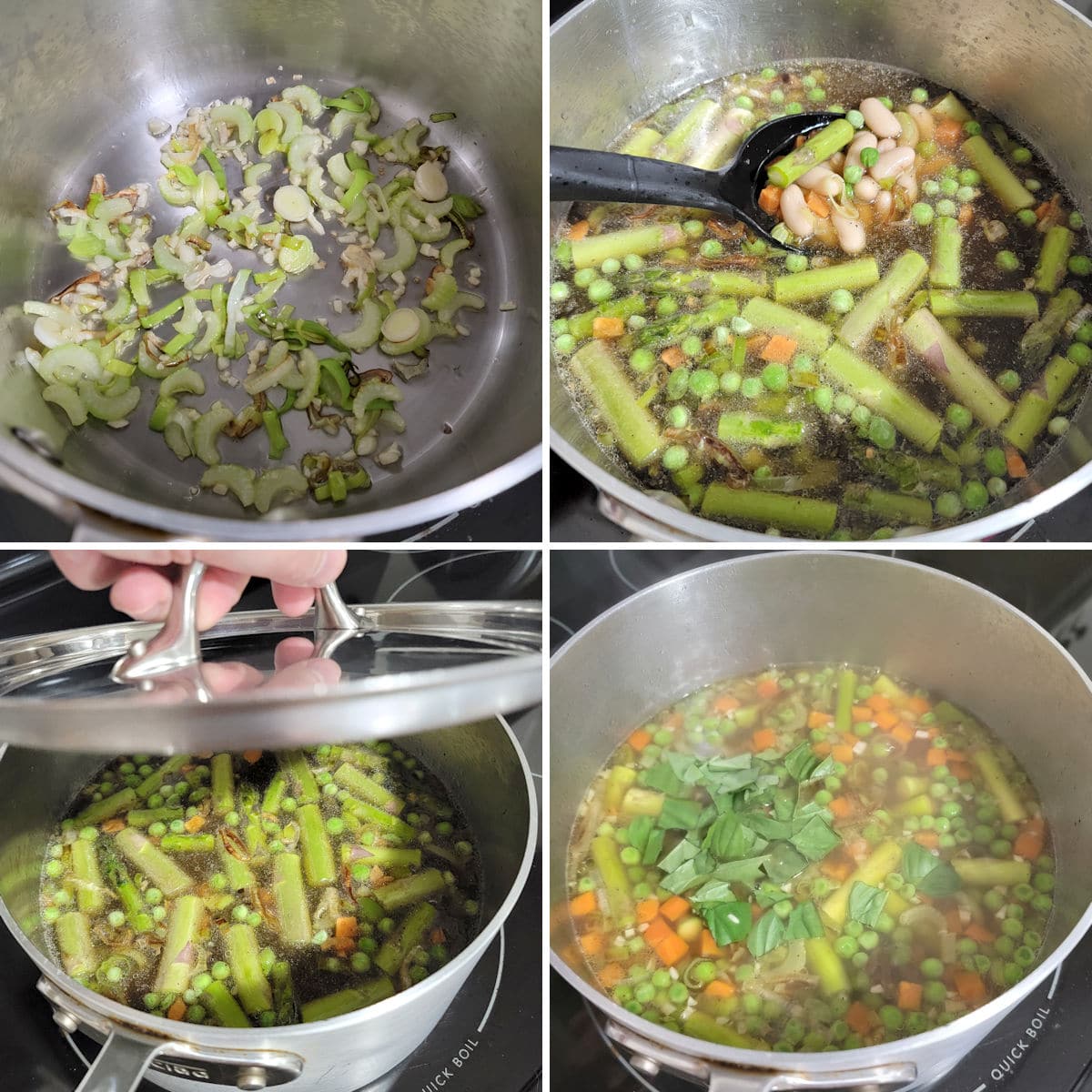 Collage showing process of cooking vegetable soup in a metal pot.