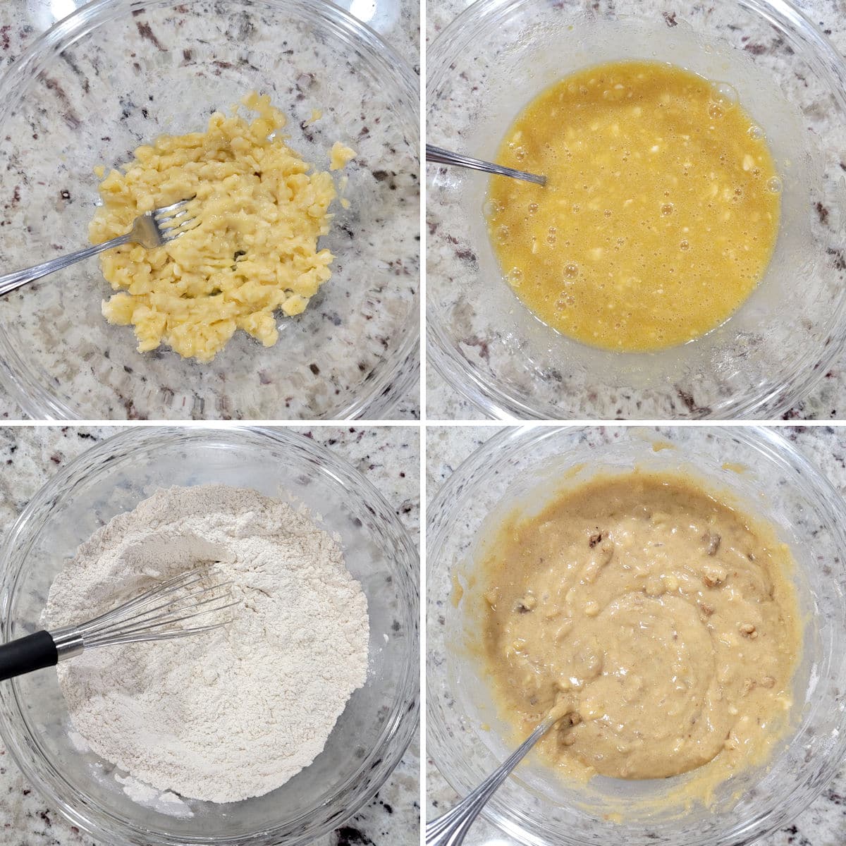 Mixing banana bread batter in a glass bowl.