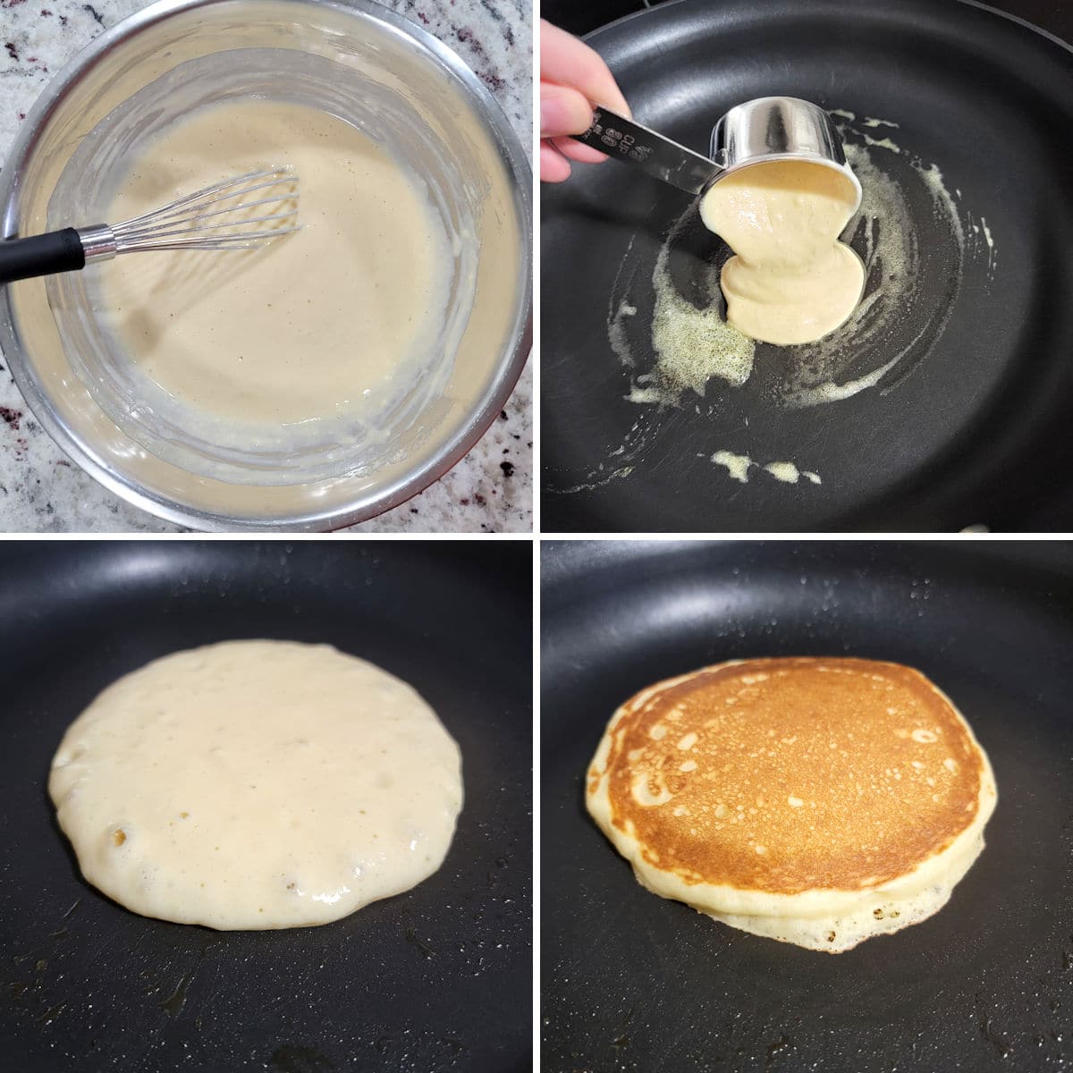 Pouring pancake batter into a skillet and cooking a pancake.