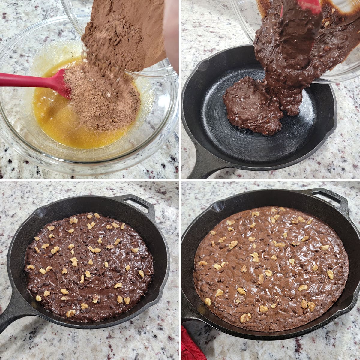 Making cast iron walnut brownies.