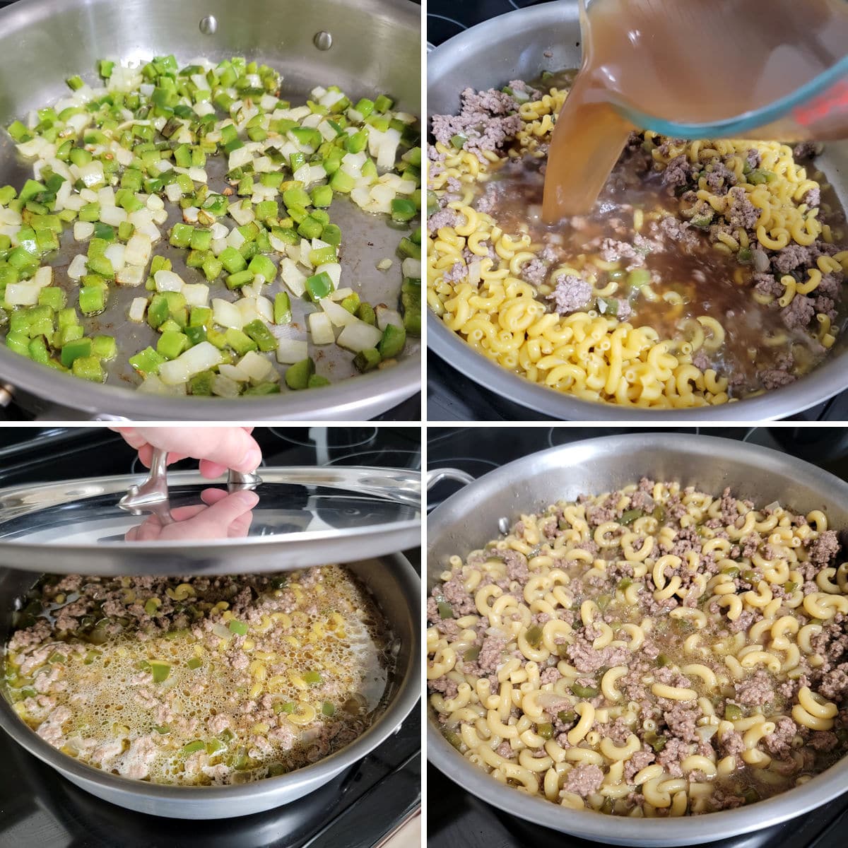 Collage showing cheesesteak pasta skillet cooking from beginning to end.