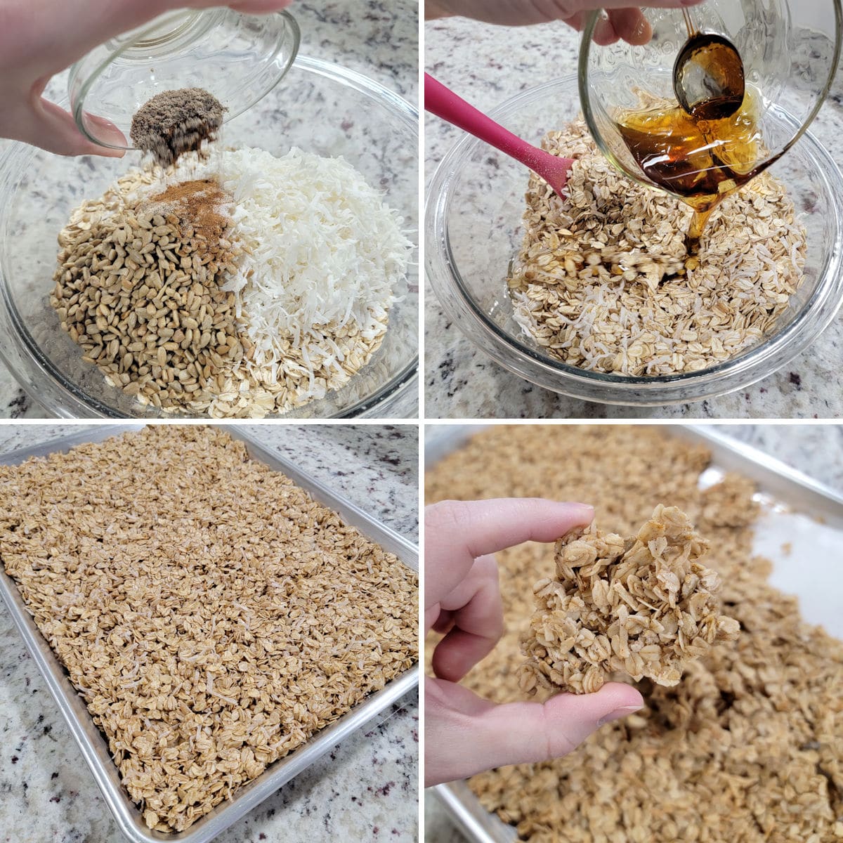 Making coconut granola and spreading onto a metal baking sheet.