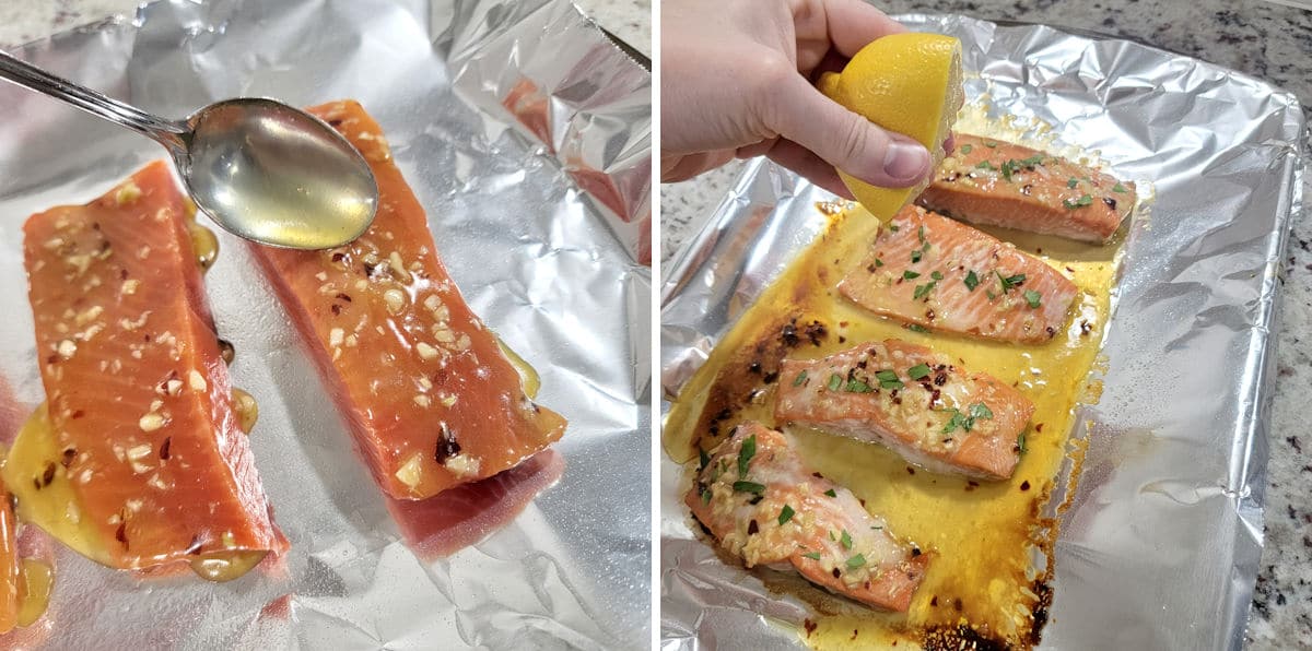 Salmon fillets before and after baking on a sheet pan.
