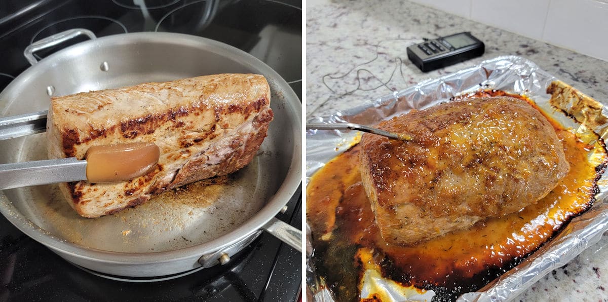 Cooking a pork loin, before and after oven roasting.