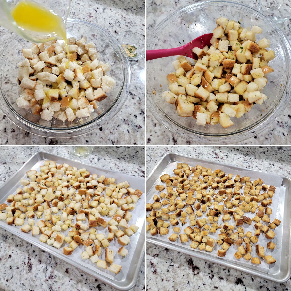 Tossing garlic butter croutons in butter and spreading onto a baking sheet.