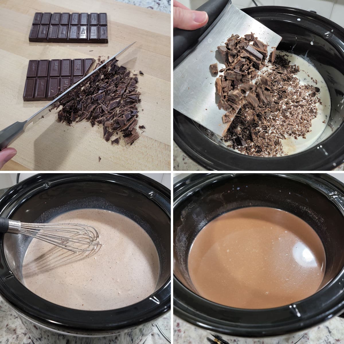 Collage showing how to make slow cooker hot chocolate.