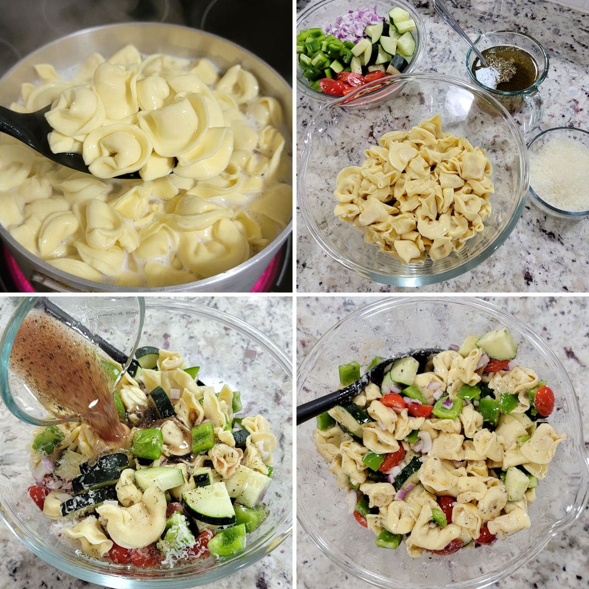 Collage showing the steps making a tortellini pasta salad.