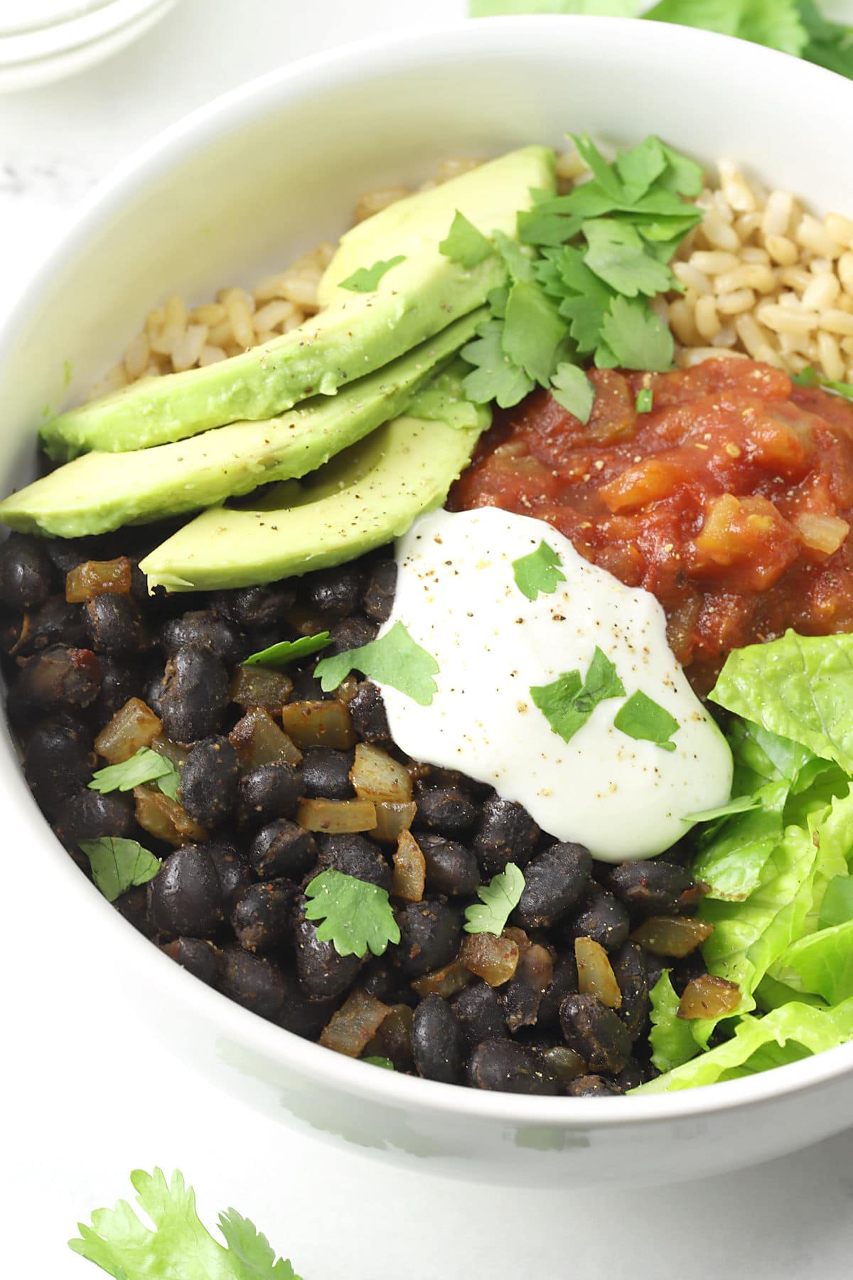 Close up of seasoned black beans, sliced avocado, lettuce, rice, salsa, and sour cream in a white bowl. 