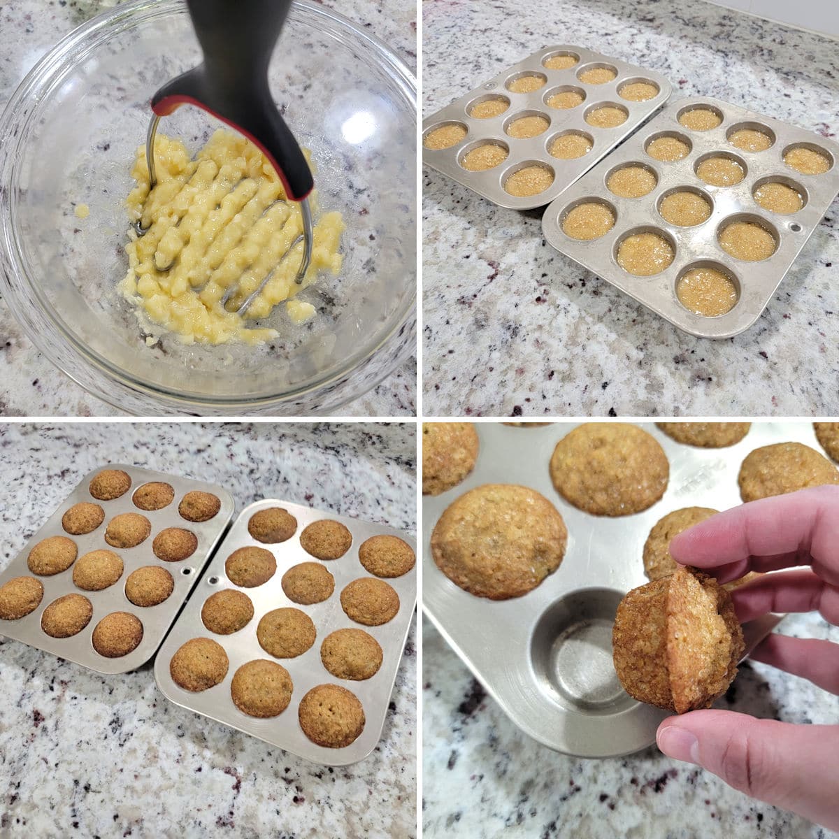 Collage showing how to make banana mini muffins.