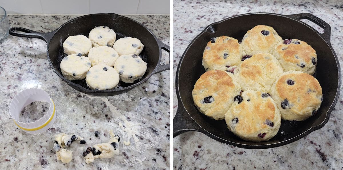 Blueberry biscuits before and after baking.