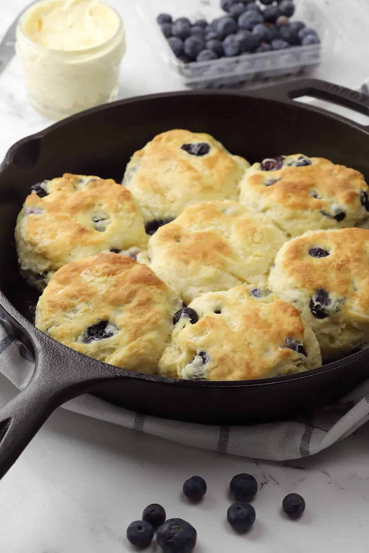 Cast iron skillet filled with baked blueberry biscuits.