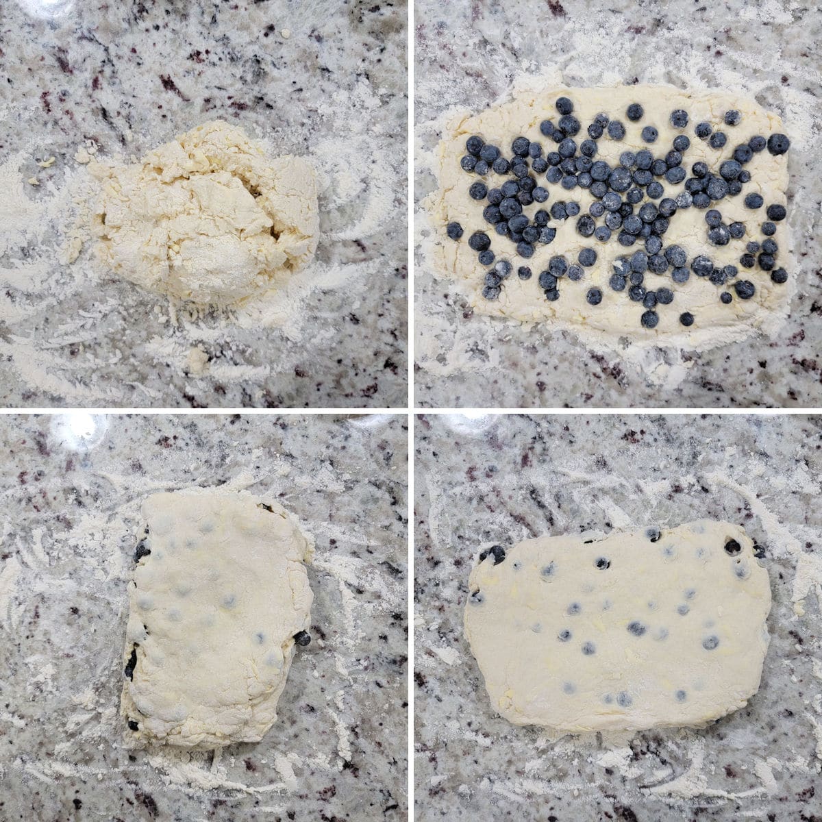 Folding blueberry biscuit dough to create layers.