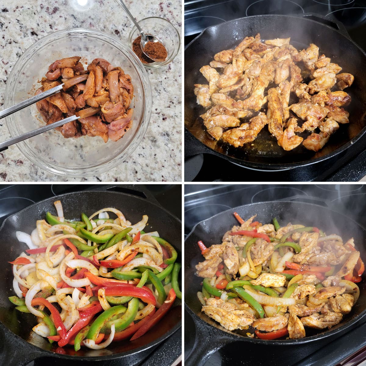 Making chicken fajitas in a cast iron skillet.