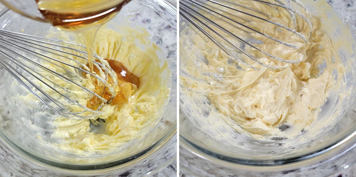 Making whipped honey butter in a glass bowl with a hand mixer.