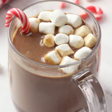Mini marshmallows and small candy cane garnish the top of a mug of hot chocolate.