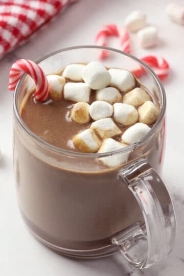Mini marshmallows and small candy cane garnish the top of a mug of hot chocolate.