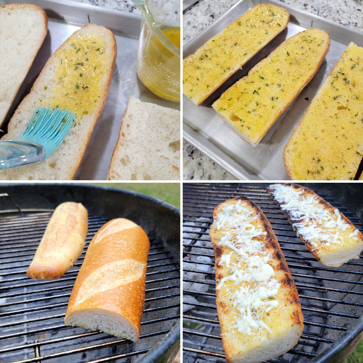 Brushing bread with melted butter and cooking on the grill.