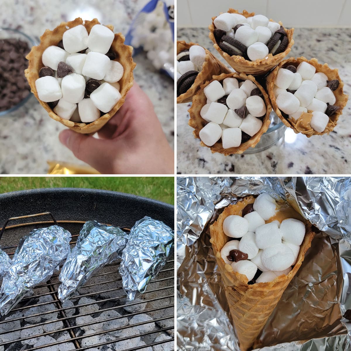Making s'mores cones on the grill.