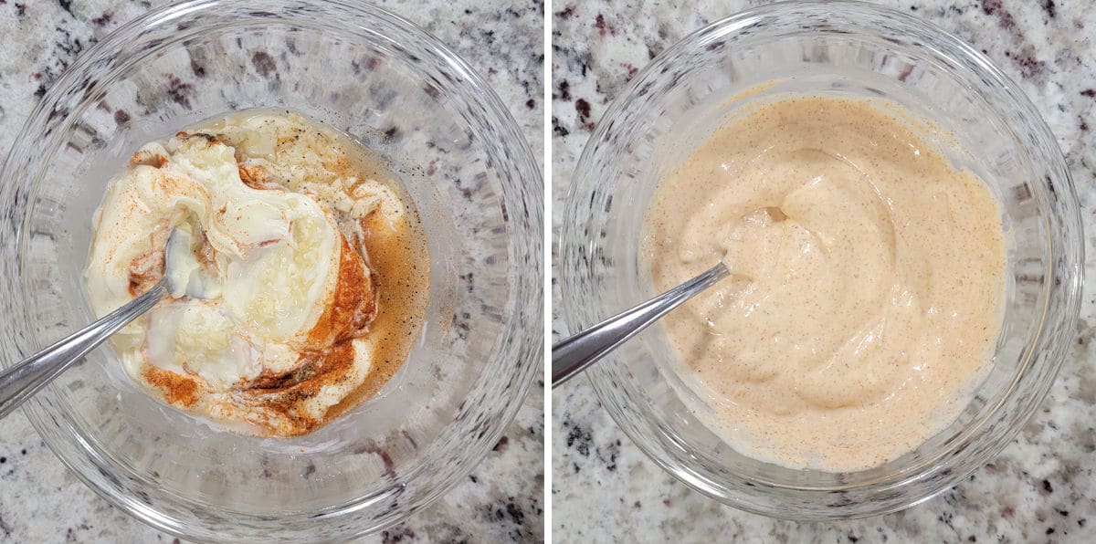 Mixing spicy aioli in a glass bowl.