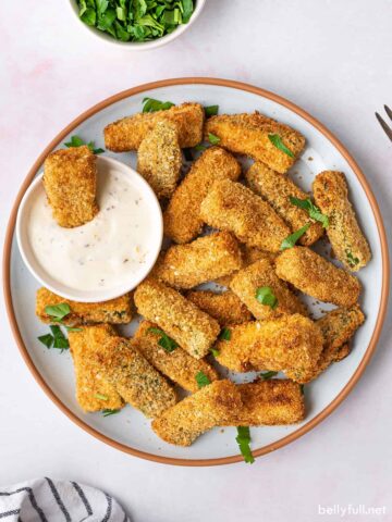 Air fryer zucchini fries on a plate with dipping sauce.