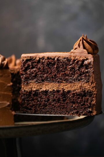 A slice of chocolate zucchini layer cake.