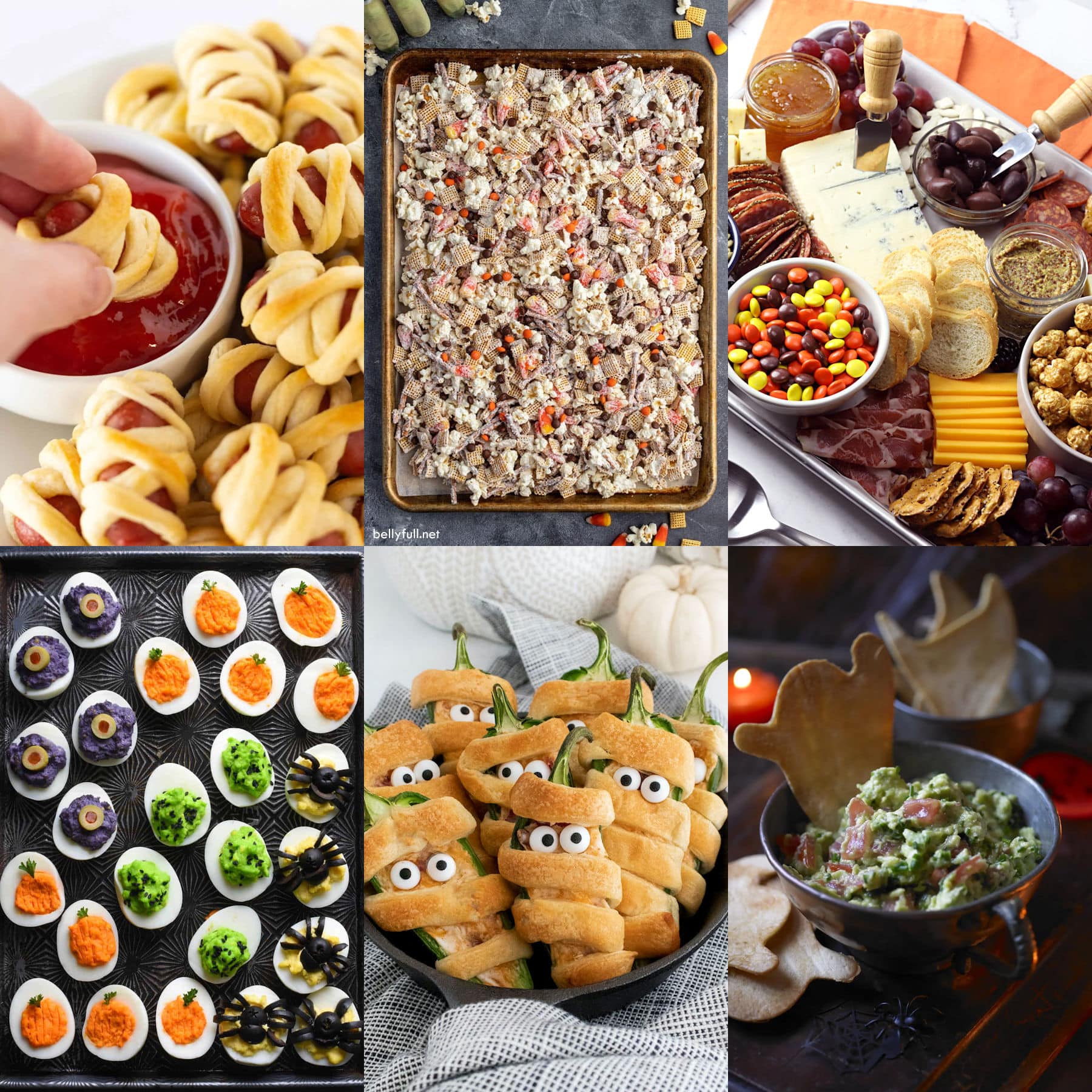 Collage of make-ahead Halloween party appetizers.