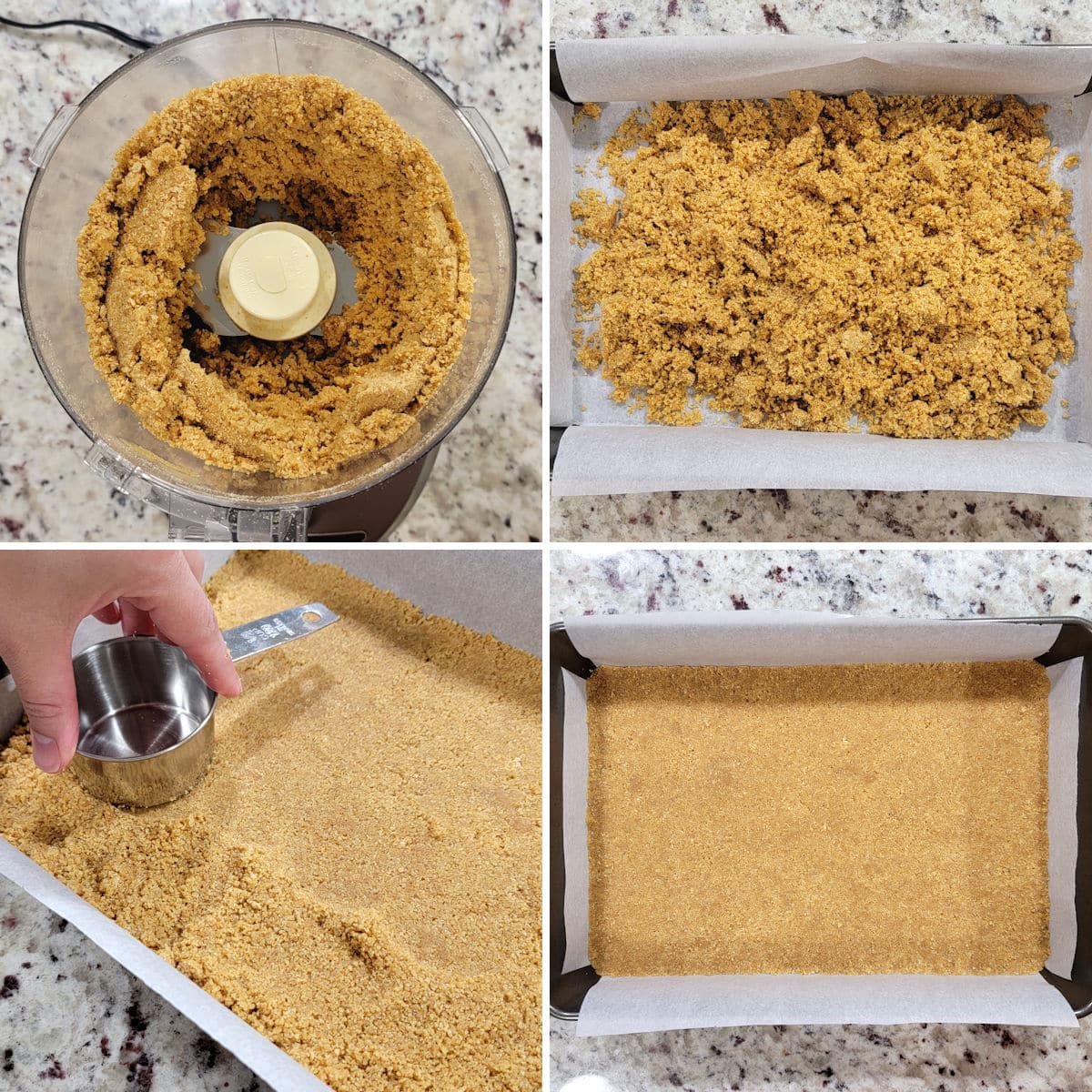 Pressing a graham cracker crust into a 9x13 pan.