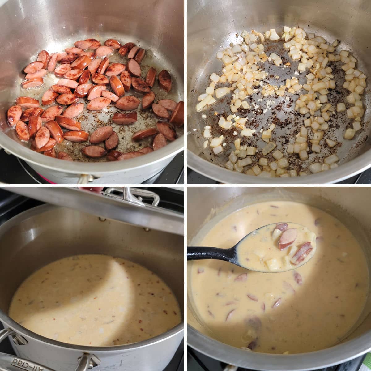 Making kielbasa potato soup in a stock pot.