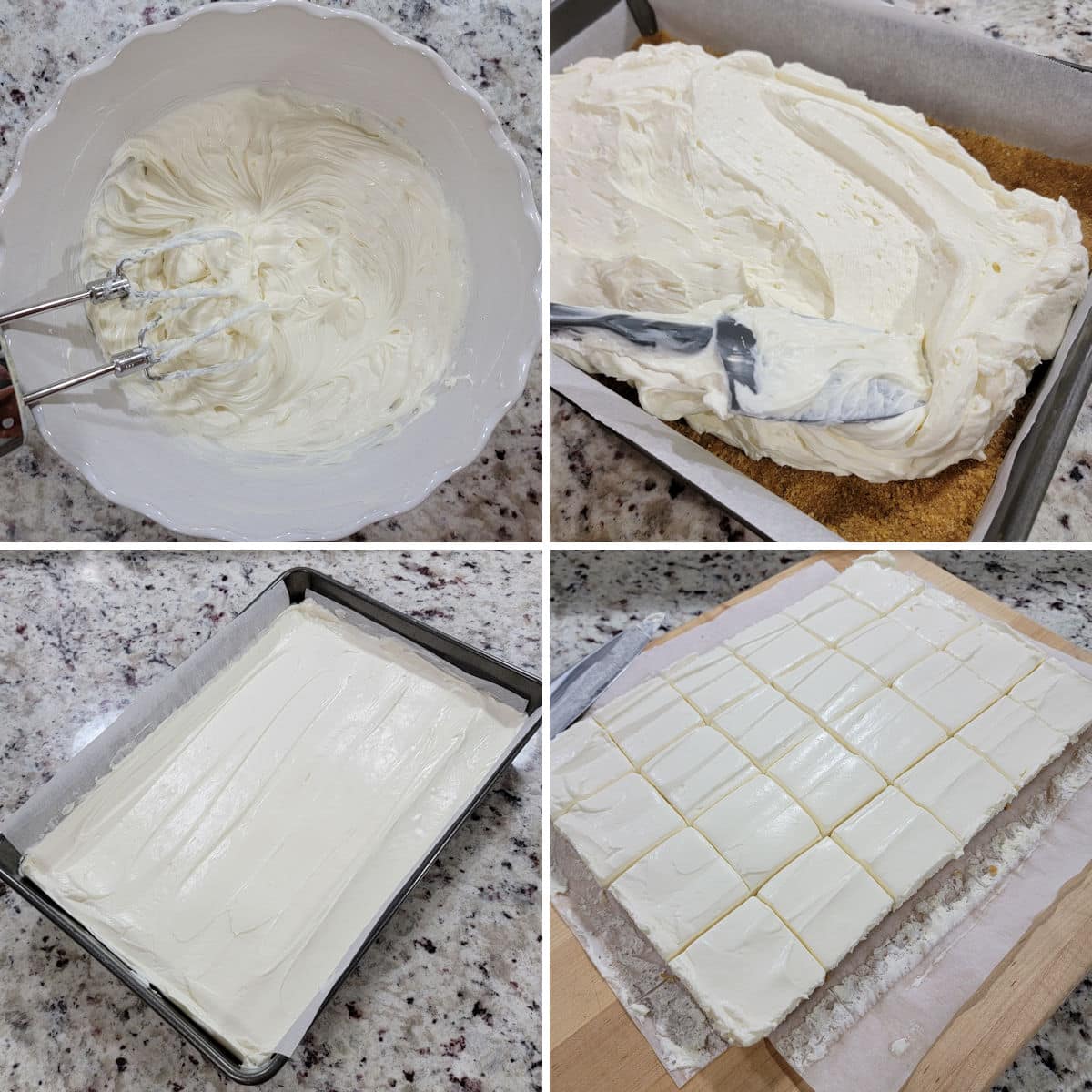 Making no bake cheesecake filling, spreading into a pan, then slicing into bars.