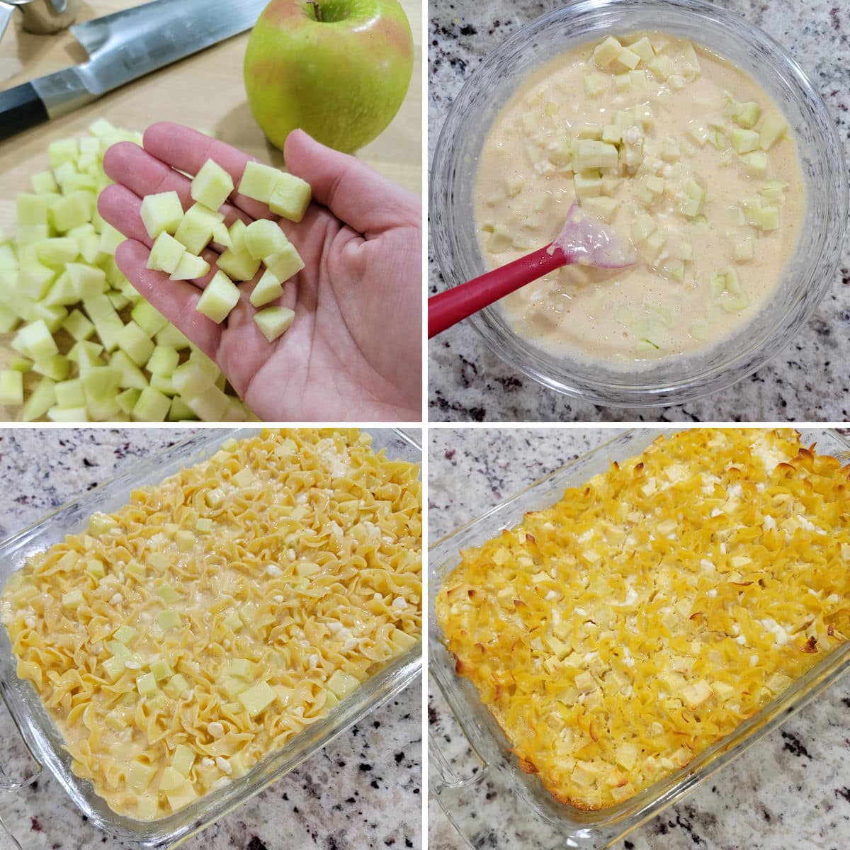 Making sweet noodle kugel with chopped apples.
