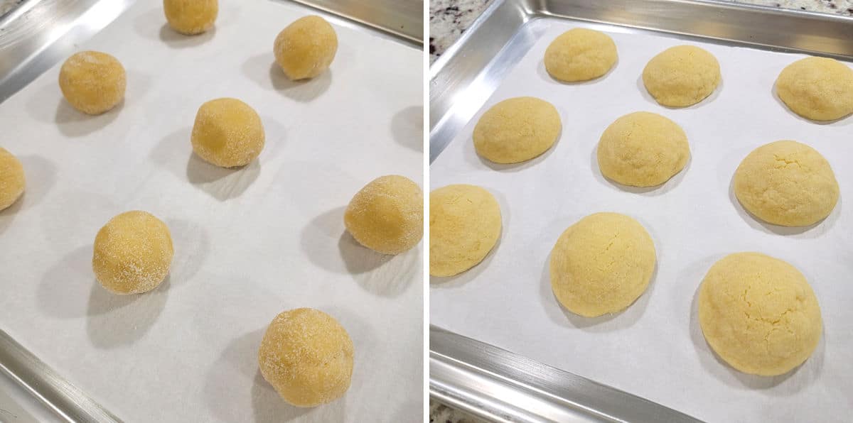 Soft sugar cookies before and after baking on a sheet pan.