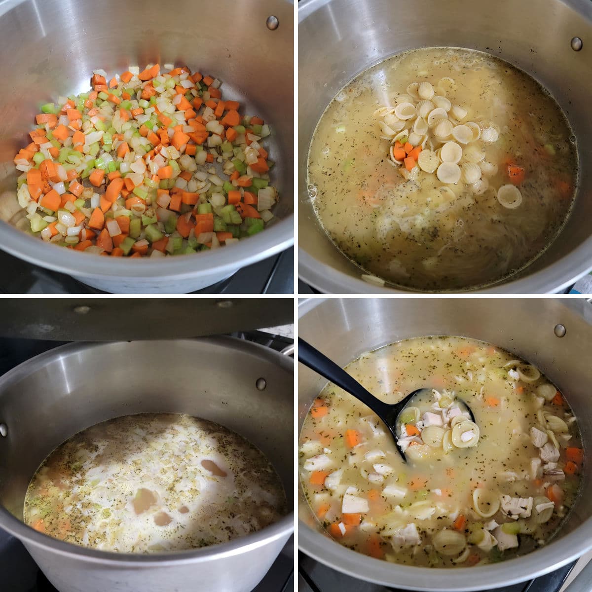 Making rotisserie chicken noodle soup in a stock pot.