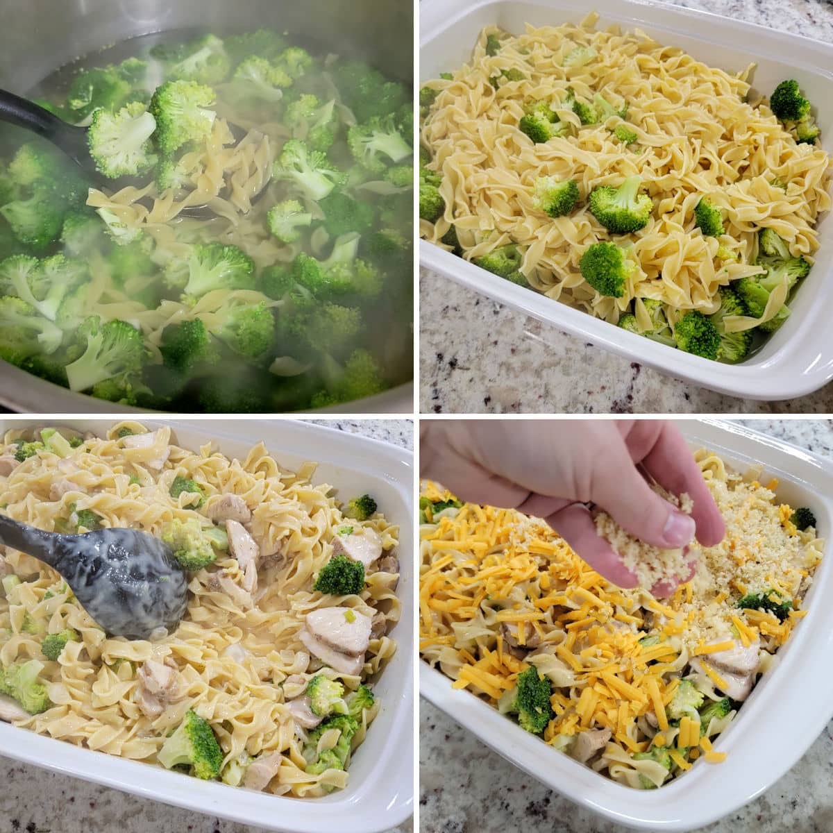 Making turkey broccoli casserole in a white casserole dish.