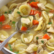 A metal spoon in a bowl of rotisserie chicken noodle soup.