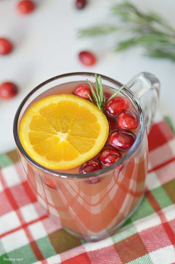 Glass mug filled with cider with an orange slice and cranberries floating on top.