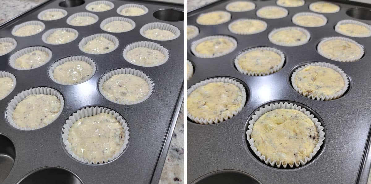 Mini oreo cheesecakes before and after baking.
