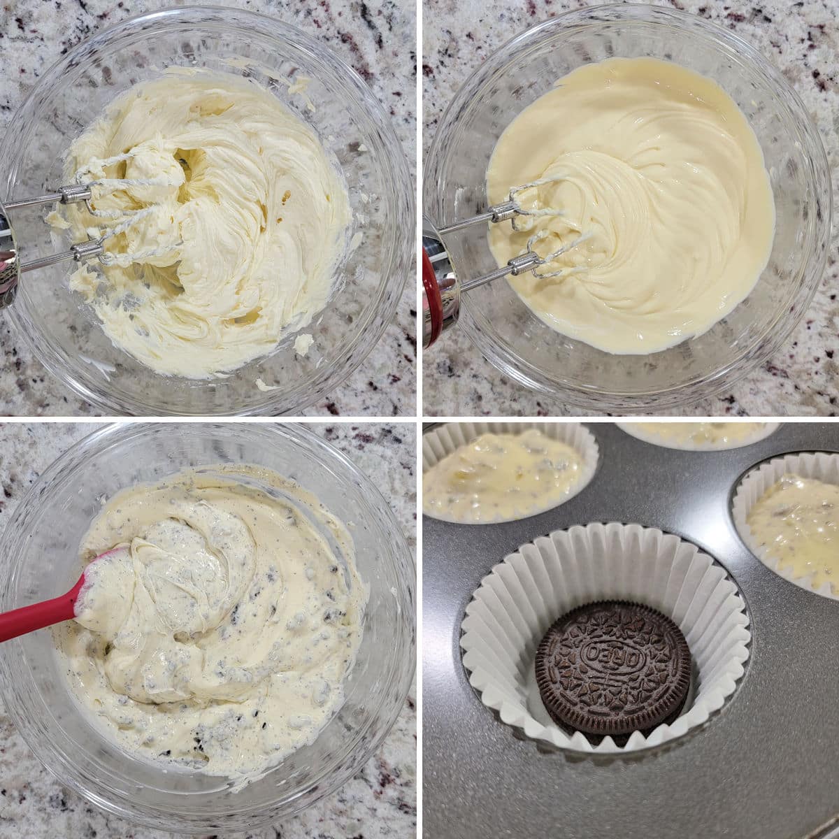 Mixing oreo cheesecake batter in a bowl.
