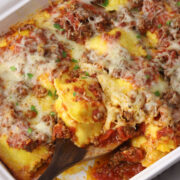 Spoonful of ravioli casserole.