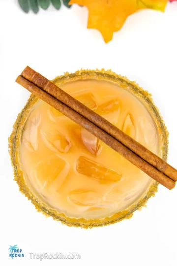 Pale brown drink in a glass with a sugared rim and a cinnamon stick resting on top.
