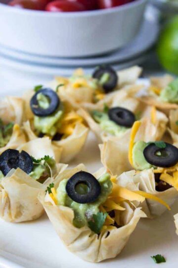 Tiny phyllo cups filled with taco toppings.