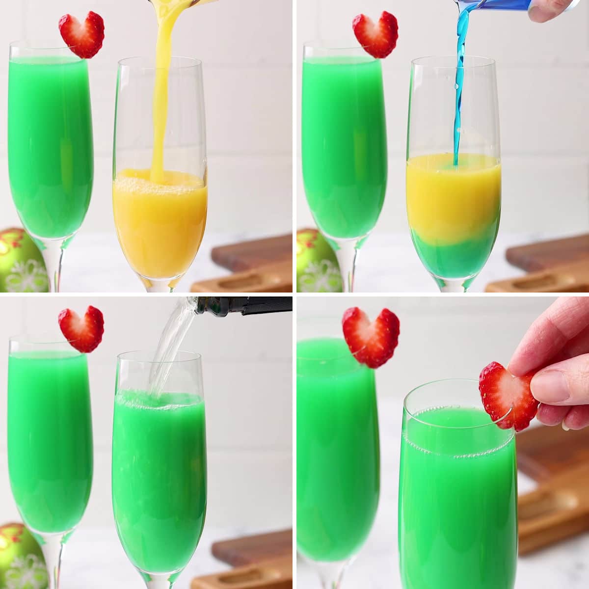 Making grinch mimosas in champagne glasses.