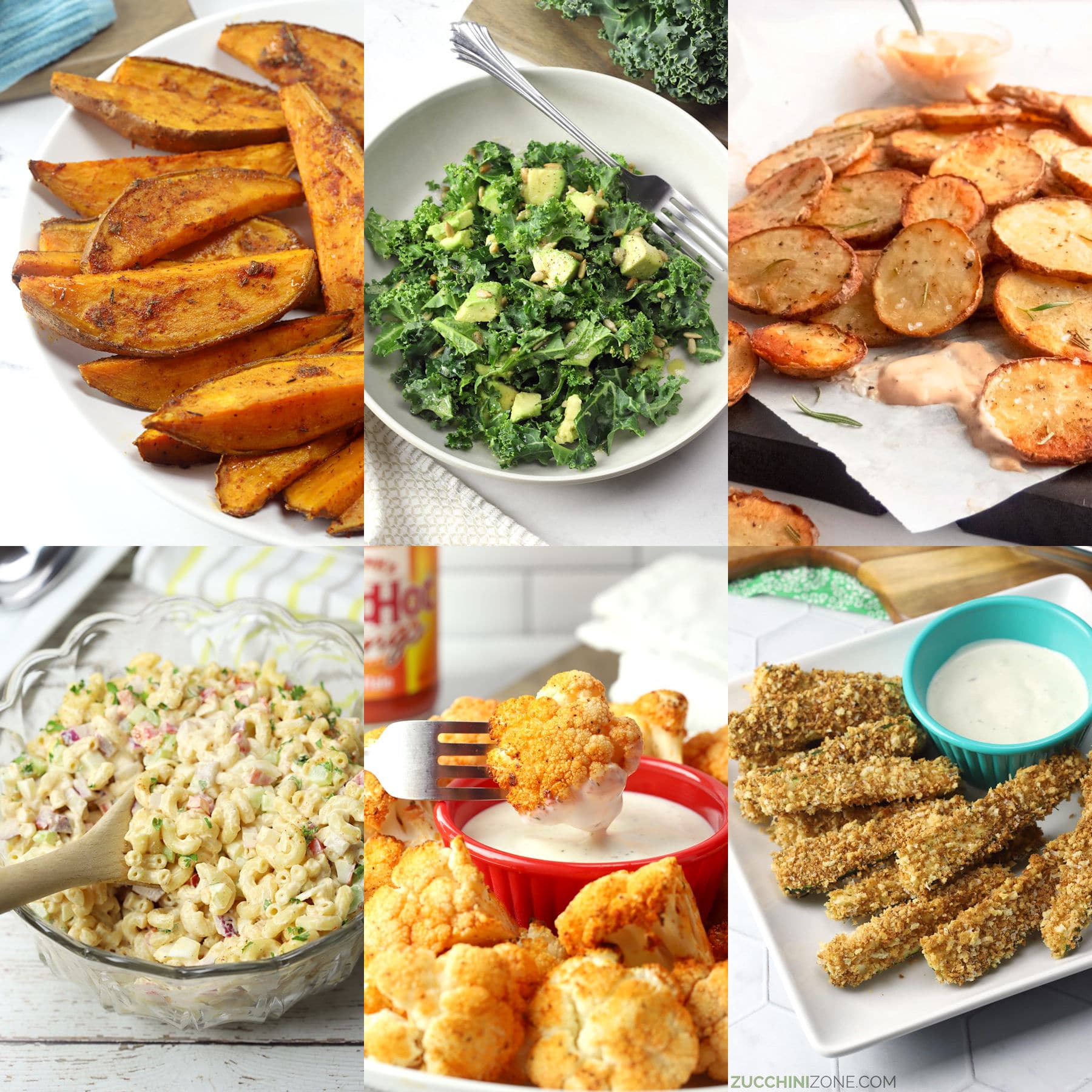 Decorative collage of side dishes to go with Philly cheesesteaks.